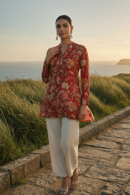 Fuchsia Silk Berry Floral Print Tunic With Beads