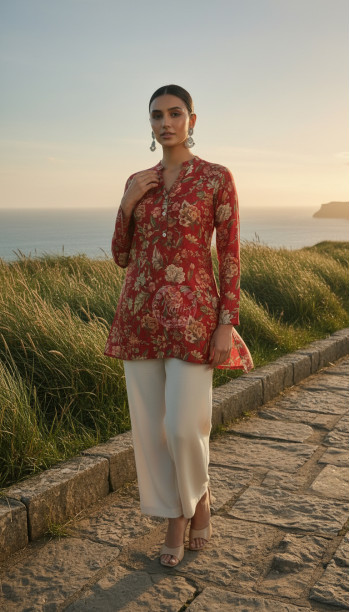 Fuchsia Silk Berry Floral Print Tunic With Beads