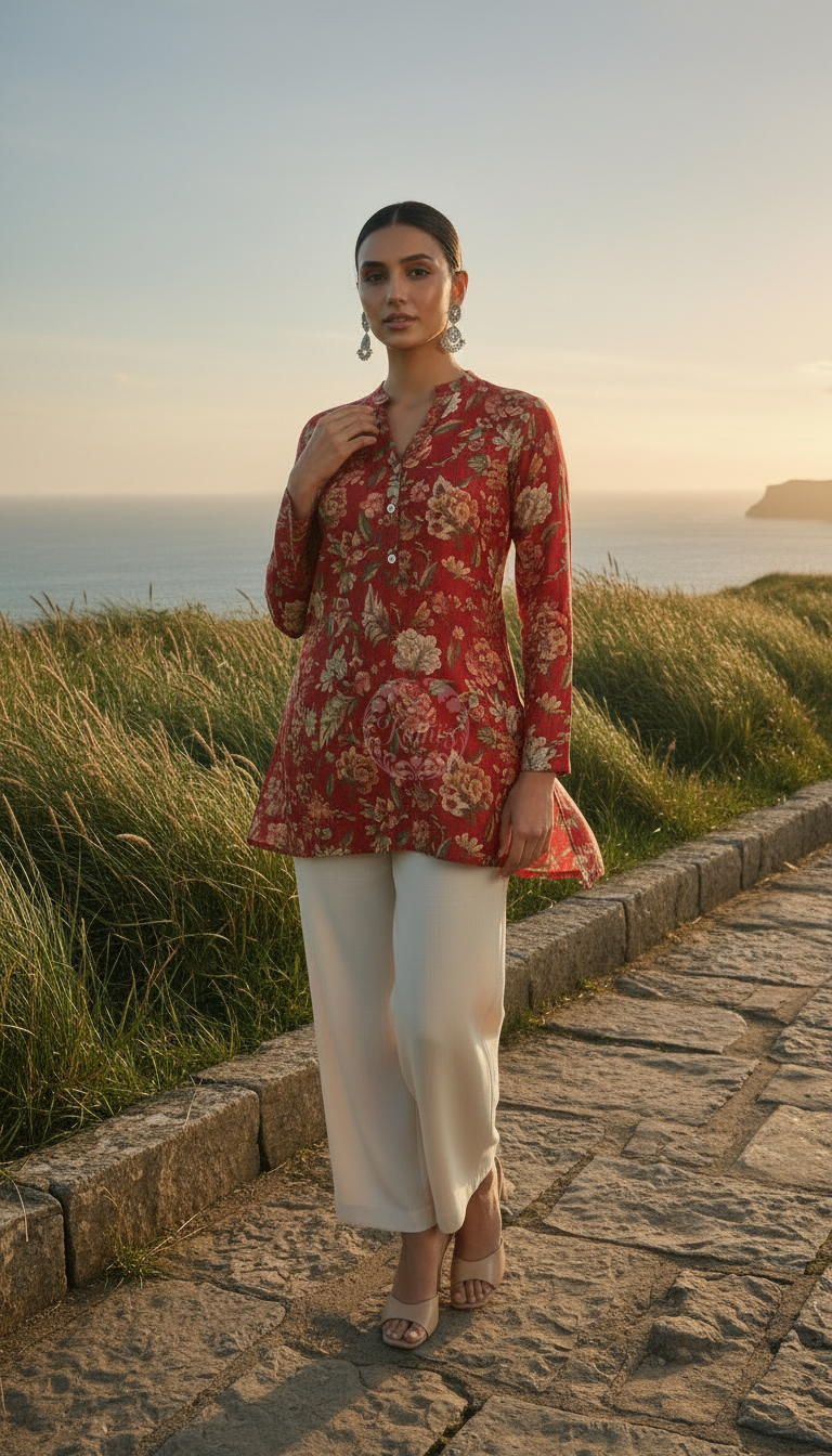 Fuchsia Silk Berry Floral Print Tunic With Beads