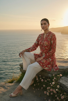 Fuchsia Silk Berry Floral Print Tunic With Beads