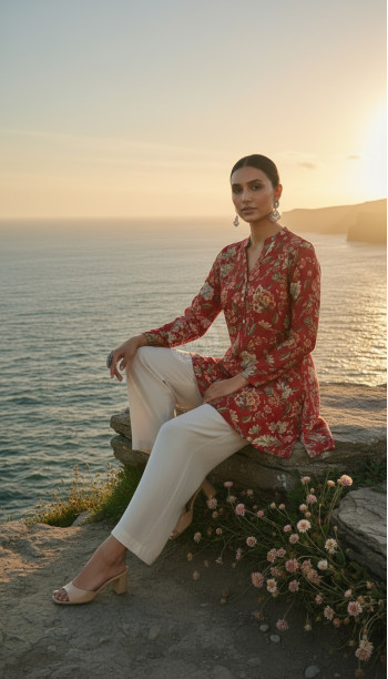 Fuchsia Silk Berry Floral Print Tunic With Beads