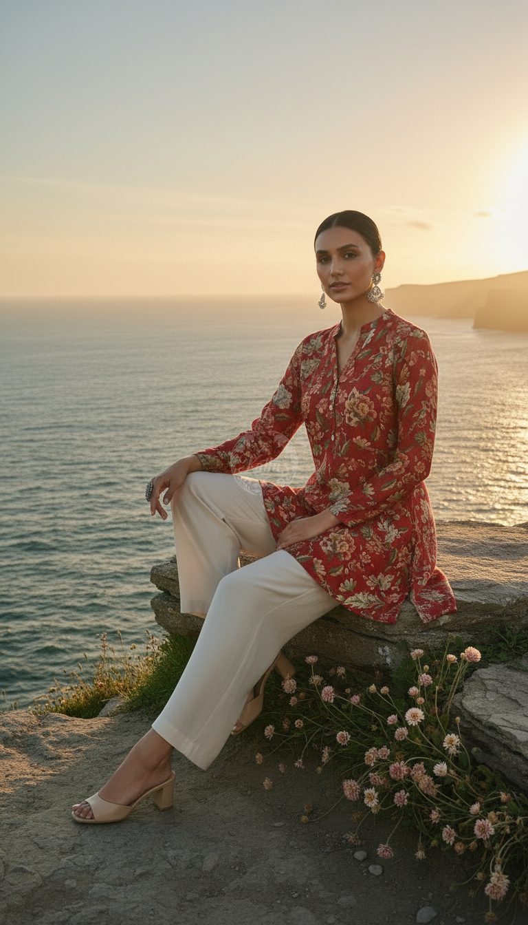 Fuchsia Silk Berry Floral Print Tunic With Beads