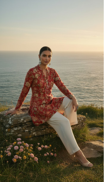 Fuchsia Silk Berry Floral Print Tunic With Beads