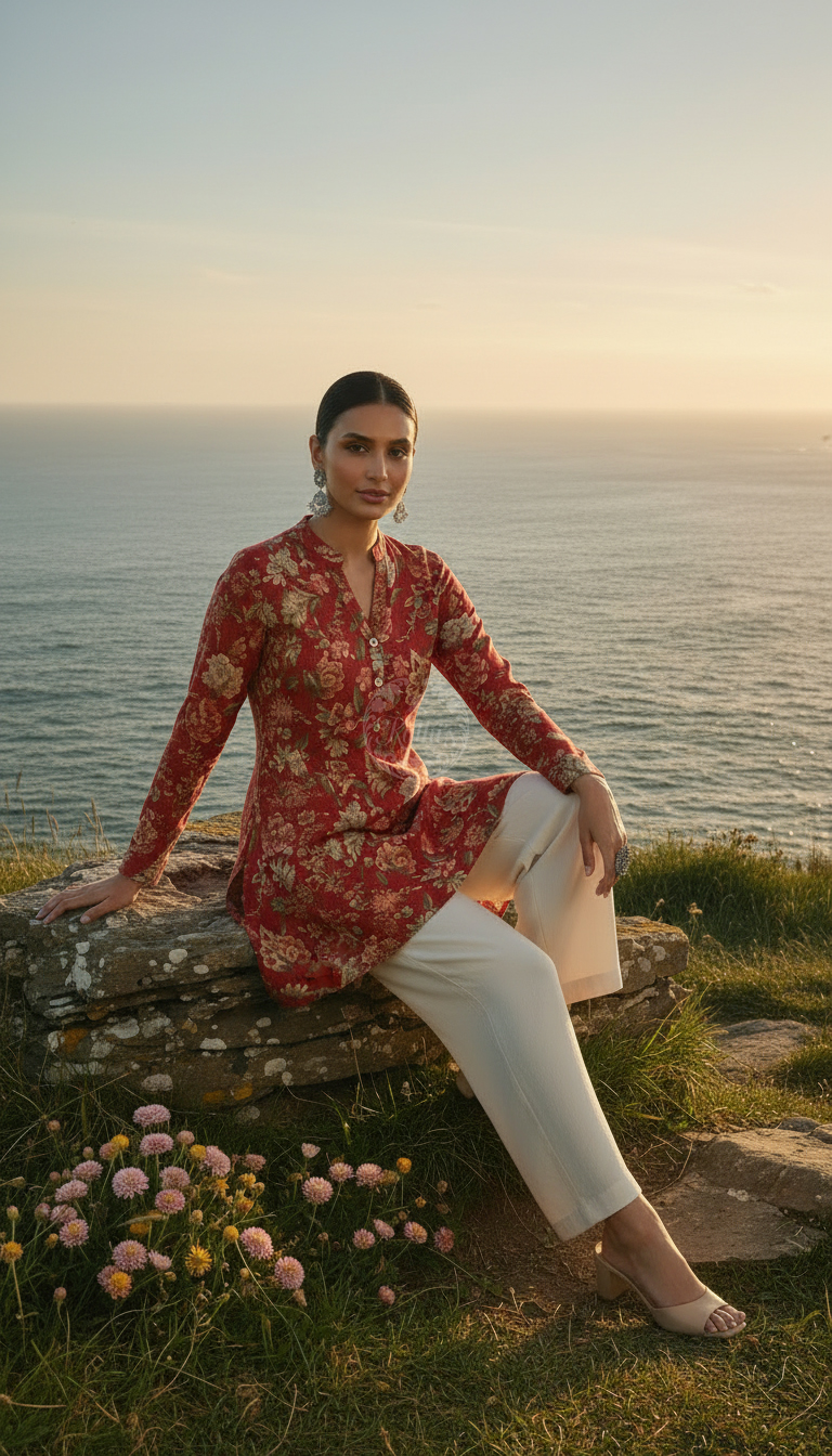 Fuchsia Silk Berry Floral Print Tunic With Beads