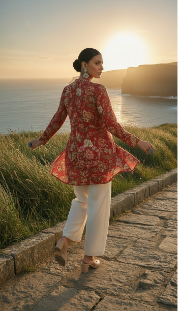 Fuchsia Silk Berry Floral Print Tunic With Beads
