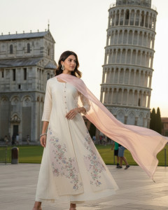 Off White Chanderi Embroidered Suit Set With Thread Work