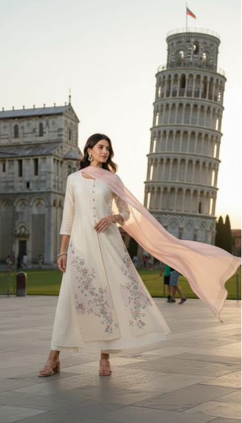 Off White Chanderi Embroidered Suit Set With Thread Work