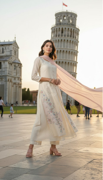 Off White Chanderi Embroidered Suit Set With Thread Work