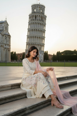 Off White Chanderi Embroidered Suit Set With Thread Work