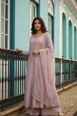 Lavender Tissue Zari Woven Suit Set With Mirror Work