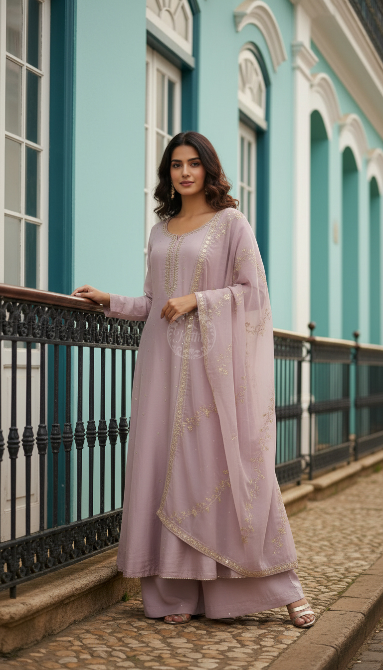 Lavender Tissue Zari Woven Suit Set With Mirror Work