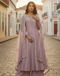 Lavender Tissue Zari Woven Suit Set With Mirror Work