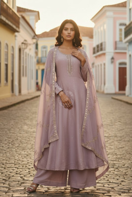 Lavender Tissue Zari Woven Suit Set With Mirror Work