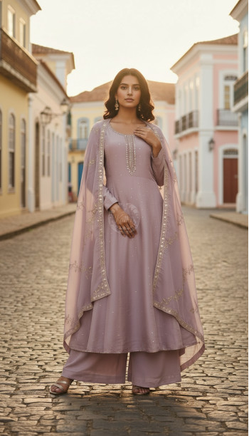 Lavender Tissue Zari Woven Suit Set With Mirror Work