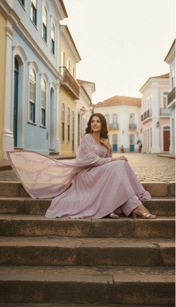 Lavender Tissue Zari Woven Suit Set With Mirror Work