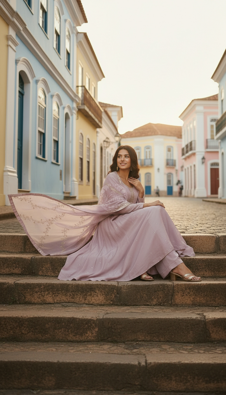 Lavender Tissue Zari Woven Suit Set With Mirror Work