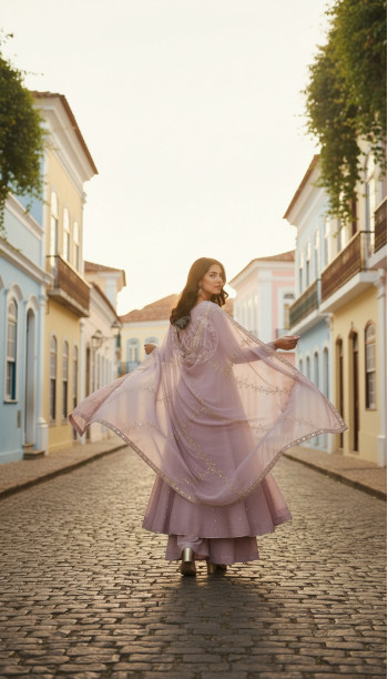 Lavender Tissue Zari Woven Suit Set With Mirror Work