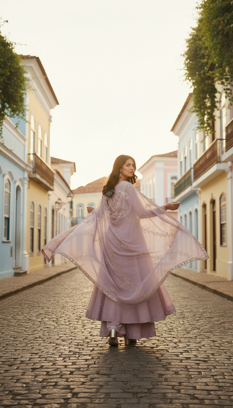 Lavender Tissue Zari Woven Suit Set With Mirror Work