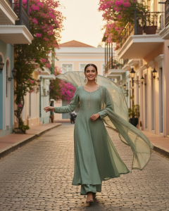 Light Green Tissue Zari Woven Suit Set With Mirror Work