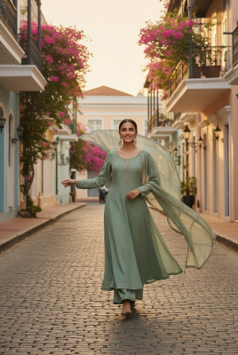 Light Green Tissue Zari Woven Suit Set With Mirror Work