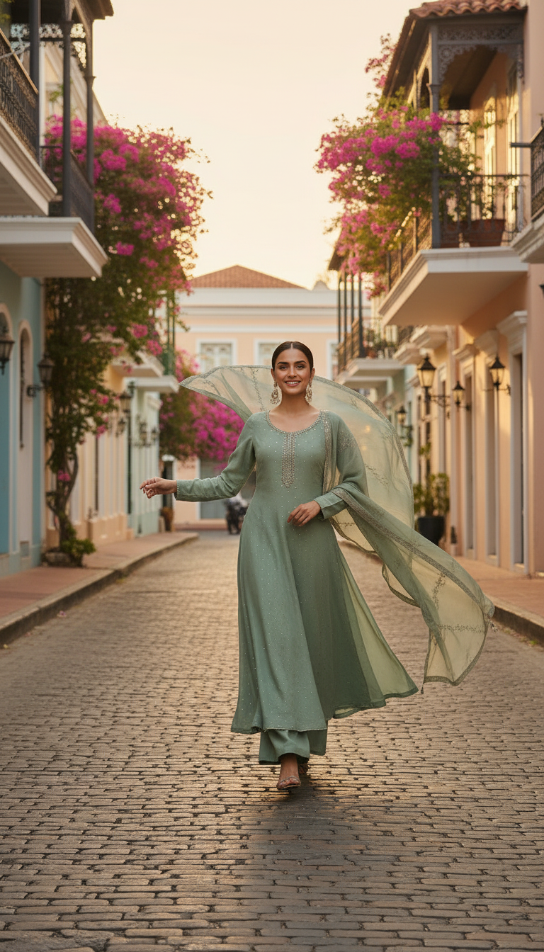 Light Green Tissue Zari Woven Suit Set With Mirror Work