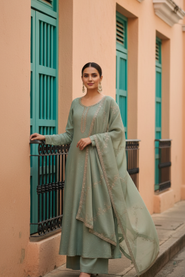Light Green Tissue Zari Woven Suit Set With Mirror Work