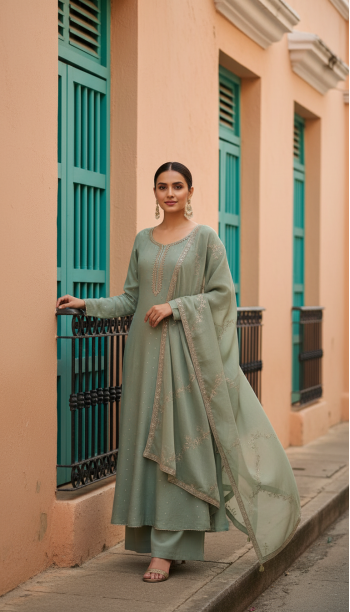 Light Green Tissue Zari Woven Suit Set With Mirror Work