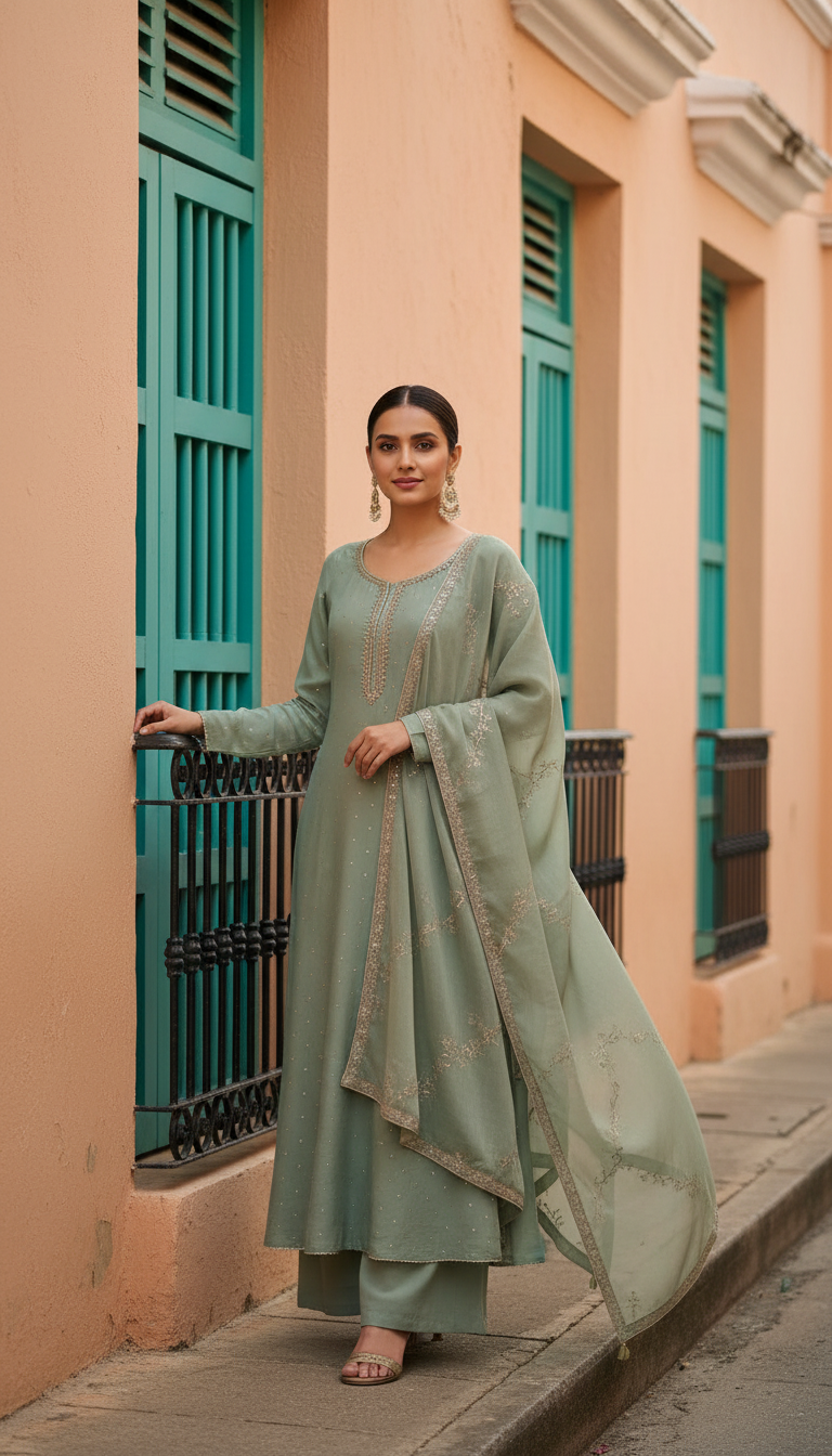 Light Green Tissue Zari Woven Suit Set With Mirror Work