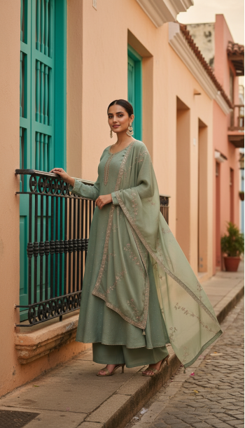 Light Green Tissue Zari Woven Suit Set With Mirror Work