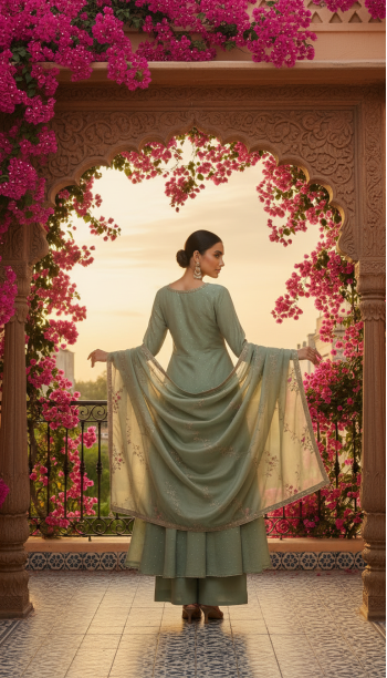 Light Green Tissue Zari Woven Suit Set With Mirror Work