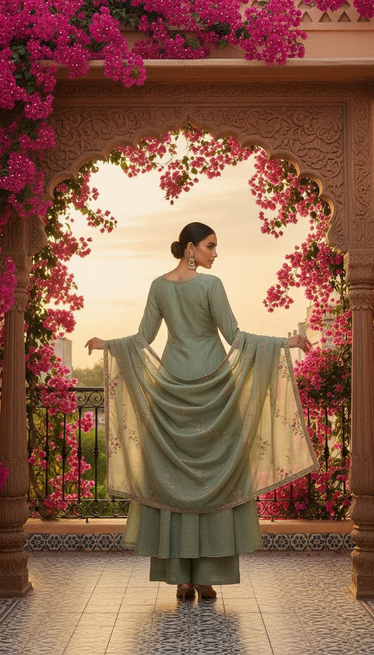 Light Green Tissue Zari Woven Suit Set With Mirror Work