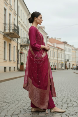 Fuchsia Brocade Zari Woven Suit Set With Zari Woven