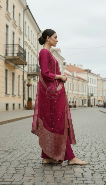 Fuchsia Brocade Zari Woven Suit Set With Zari Woven