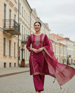 Fuchsia Brocade Zari Woven Suit Set With Zari Woven