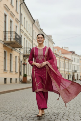 Fuchsia Brocade Zari Woven Suit Set With Zari Woven