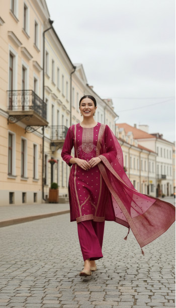 Fuchsia Brocade Zari Woven Suit Set With Zari Woven