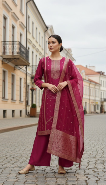 Fuchsia Brocade Zari Woven Suit Set With Zari Woven