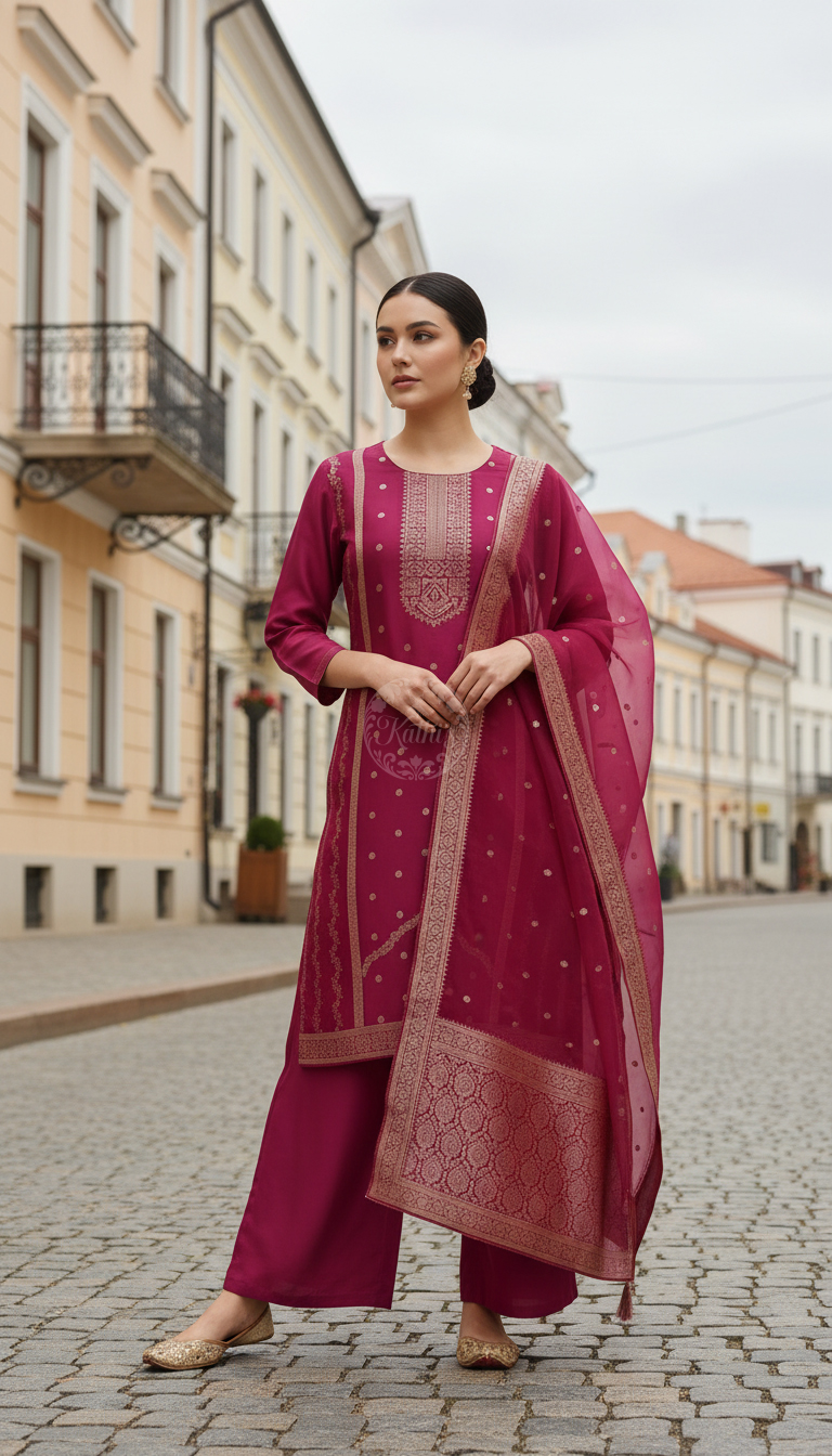 Fuchsia Brocade Zari Woven Suit Set With Zari Woven