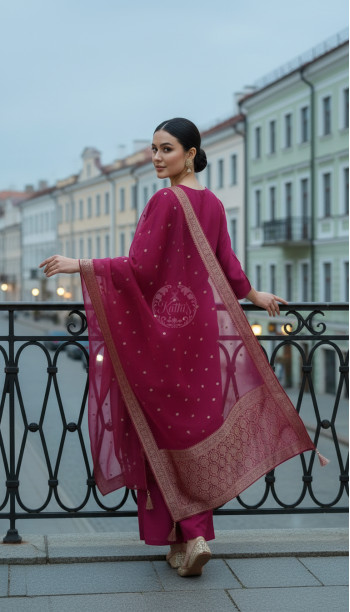 Fuchsia Brocade Zari Woven Suit Set With Zari Woven
