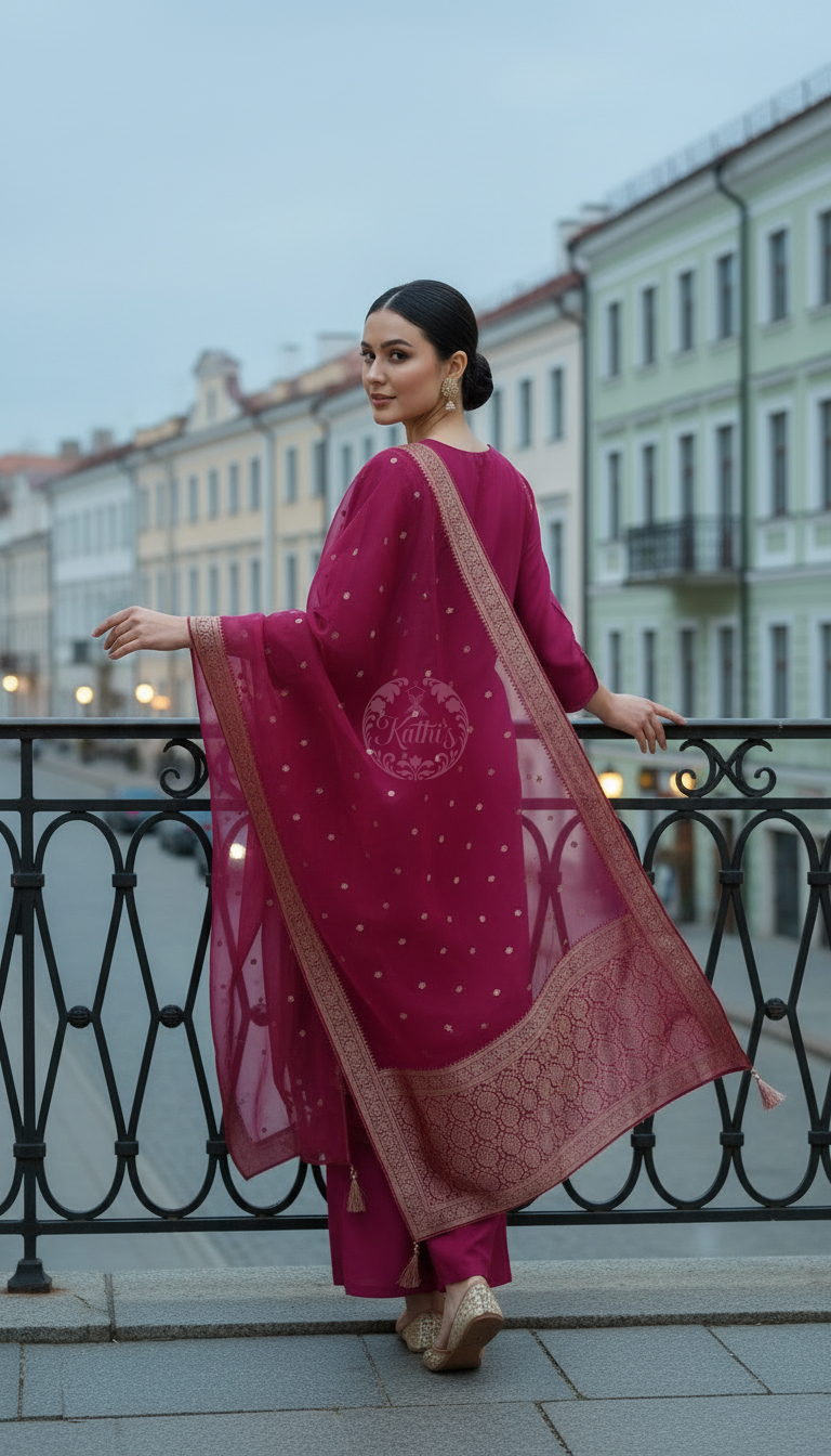 Fuchsia Brocade Zari Woven Suit Set With Zari Woven