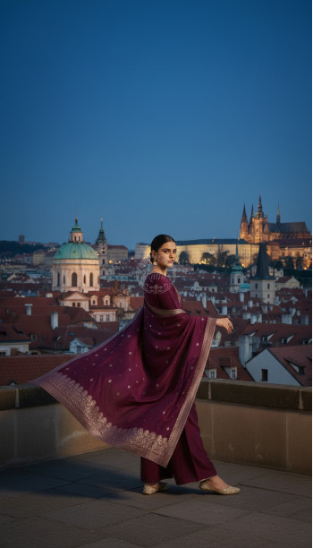 Wine Brocade Ethnic Motifs Suit Set With Zari Woven