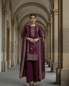 Wine Brocade Ethnic Motifs Suit Set With Zari Woven