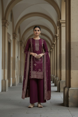 Wine Brocade Ethnic Motifs Suit Set With Zari Woven