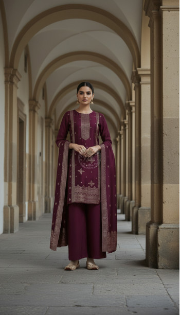Wine Brocade Ethnic Motifs Suit Set With Zari Woven
