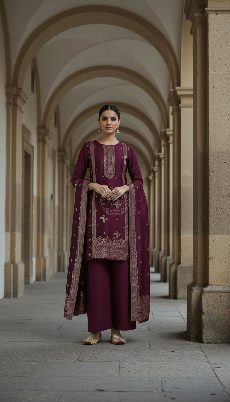 Wine Brocade Ethnic Motifs Suit Set With Zari Woven