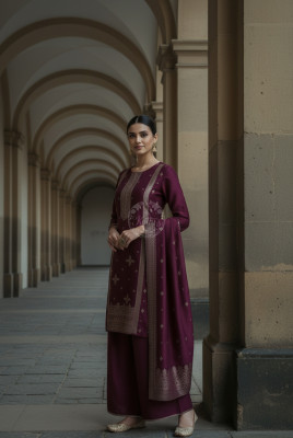 Wine Brocade Ethnic Motifs Suit Set With Zari Woven