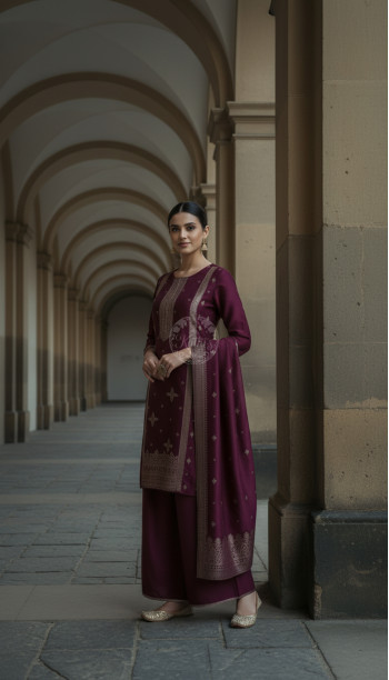 Wine Brocade Ethnic Motifs Suit Set With Zari Woven