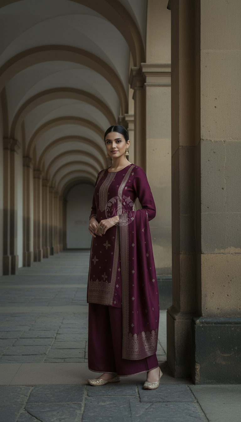 Wine Brocade Ethnic Motifs Suit Set With Zari Woven