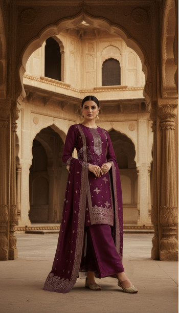 Wine Brocade Ethnic Motifs Suit Set With Zari Woven