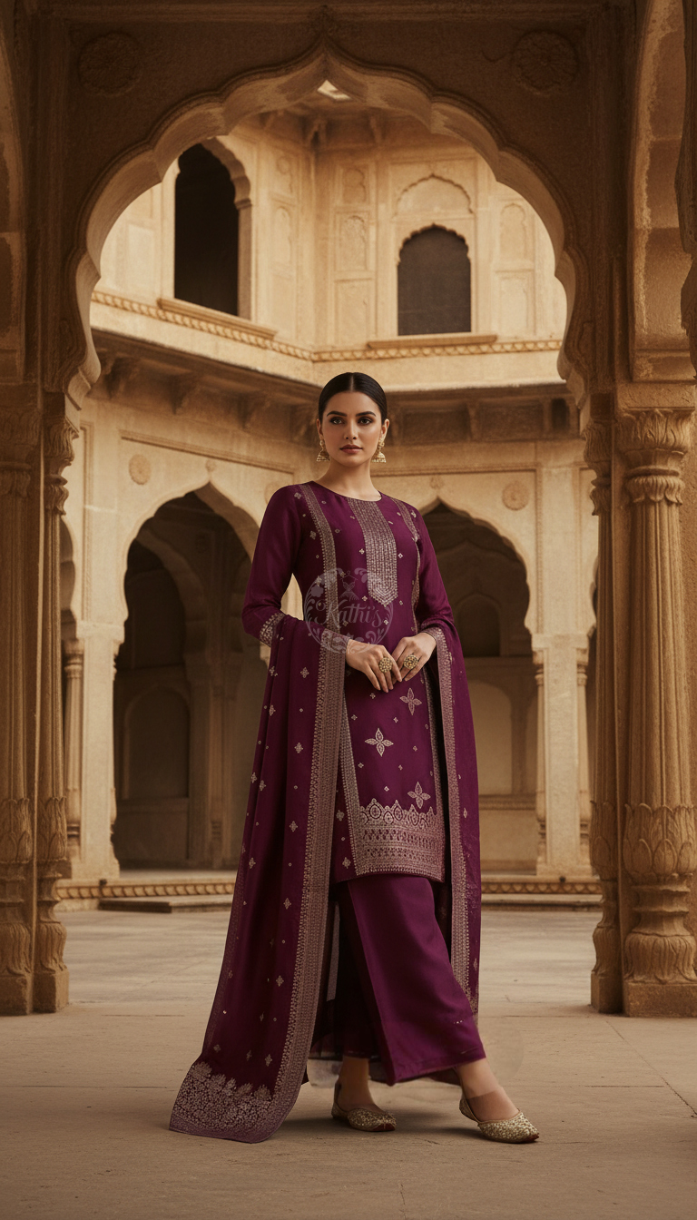 Wine Brocade Ethnic Motifs Suit Set With Zari Woven